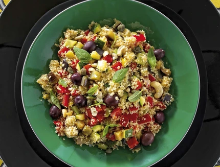Vegetables cous cous with cashew nuts and olives, Sicily, Italy, Europe
