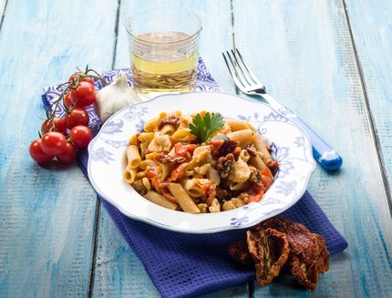 pasta with fish ragout and dried tomatoes