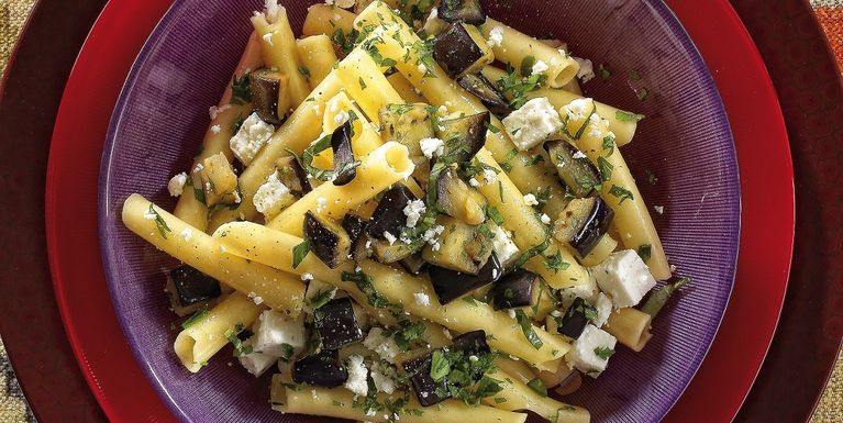 Ziti pasta, feta cheese and eggplant, Italy, Europe