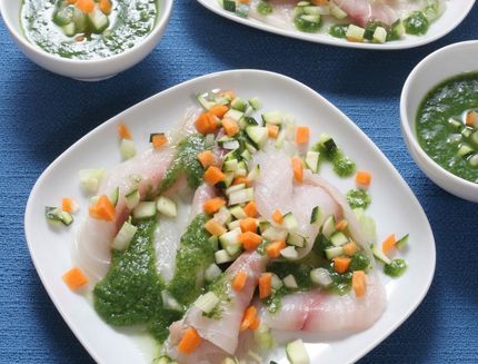 Carpaccio di ricciola con pesto di verdure