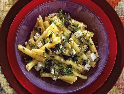 Ziti pasta, feta cheese and eggplant, Italy, Europe